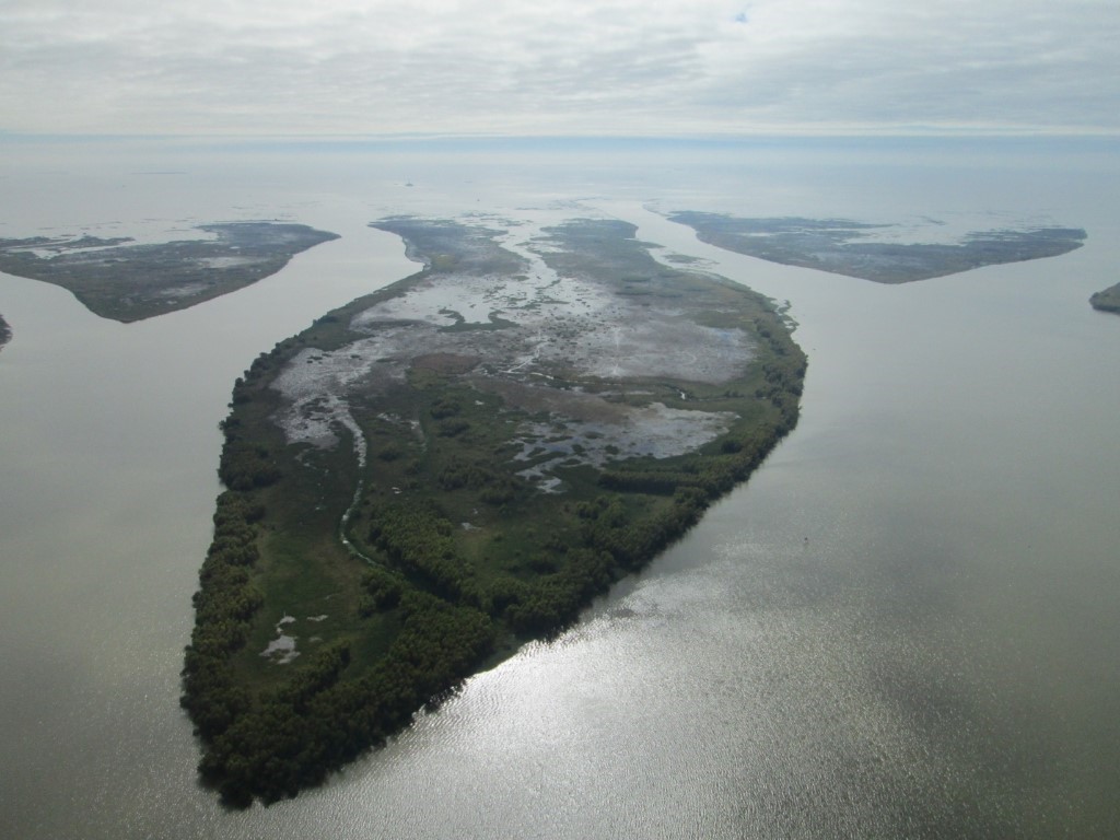 A view of a body of water with a mountain in the background  Description automatically generated